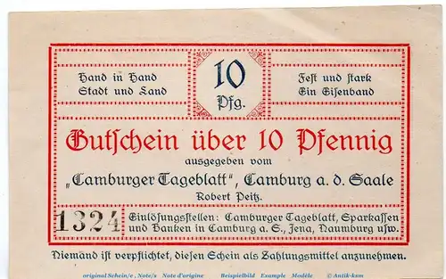 Notgeld Tageblatt Camburg 1080.05.01 , 10 Pfennig Schein in f-kfr. o.D. Thüringen Verkehrsausgabe