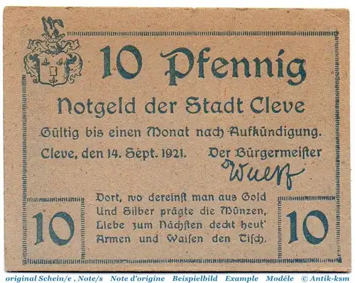 Notgeld Kreis Cleve 1155.20.15 , 10 Pfennig Schein in kfr. von 1921 , Rheinland Verkehrsausgabe