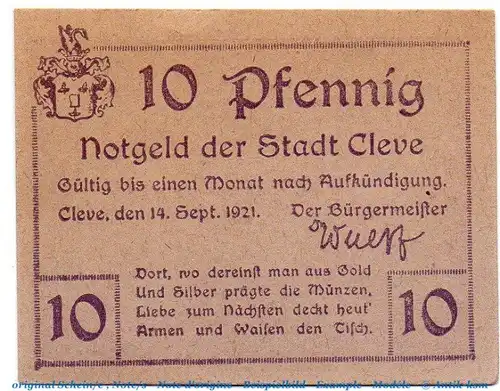Notgeld Kreis Cleve 1155.20.20 , 10 Pfennig Schein in kfr. von 1921 , Rheinland Verkehrsausgabe