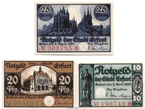 Notgeld Stadt Erfurt , Set mit 3 Scheinen in kfr. Tieste 1755.105.10-12 von 1920 , Thüringen Verkehrsausgabe