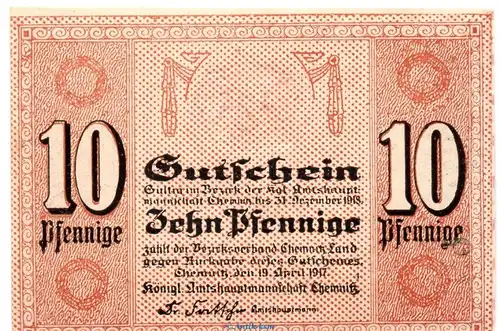 Notgeld Amtshauptmannschaft Chemnitz 1135.05.01 , 10 Pfennig Schein in kfr. von 1917 , Sachsen Verkehrsausgabe