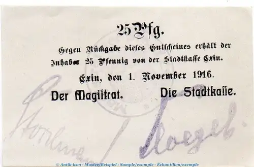 Notgeld Stadt Exin 1830.05.20 , 25 Pfennig Schein in kfr. von 1916 , Posen Verkehrsausgabe