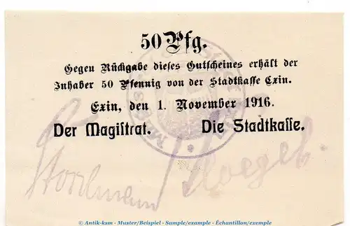 Notgeld Stadt Exin 1830.05.21 , 50 Pfennig Schein in kfr. von 1916 , Posen Verkehrsausgabe