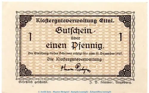 Notgeld Klostergut Ettal 1810.05.85 , 1 Pfennig --Wz. rheinische Wellen-- in kfr. o.D. Bayern Verkehrsausgabe