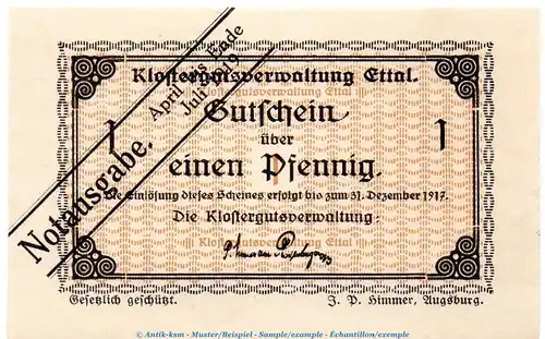 Notgeld Klostergut Ettal 1810.05.85 , 1 Pfennig --Rheinische Wellen-- in kfr. o.D. Bayern Verkehrsausgabe