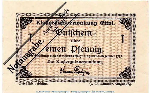 Ettal , Notgeld 1 Pfennig Schein --Bandwerk-- in kfr. Tieste 1810.05.80 , Bayern o.D. Verkehrsausgabe