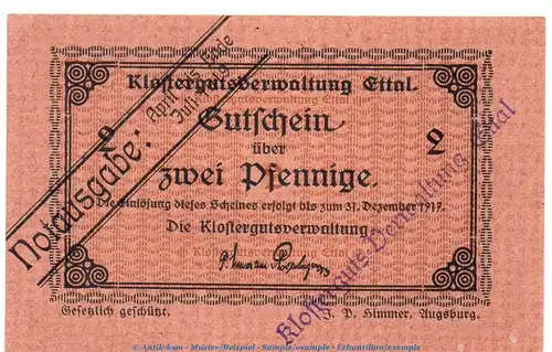 Notgeld Klostergut Ettal 1810.05.61 , 2 Pfennig Schein in kfr. von 1919 , Bayern Verkehrsausgabe
