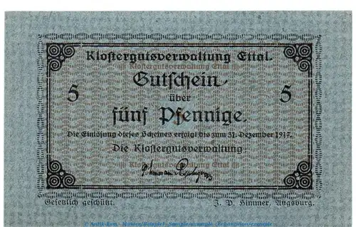 Notgeld Klostergut Ettal 1810.05.35 , 5 Pfennig Schein in kfr. o.D. Bayern Verkehrsausgabe