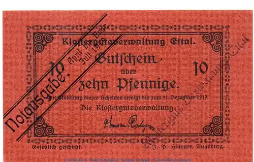 Notgeld Klostergut Ettal 1810.05.63 , 10 Pfennig Schein in kfr. von 1919 , Bayern Verkehrsausgabe