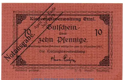 Notgeld Klostergut Ettal 1810.05.73 , 10 Pfennig Schein in kfr. von 1919 , Bayern Verkehrsausgabe