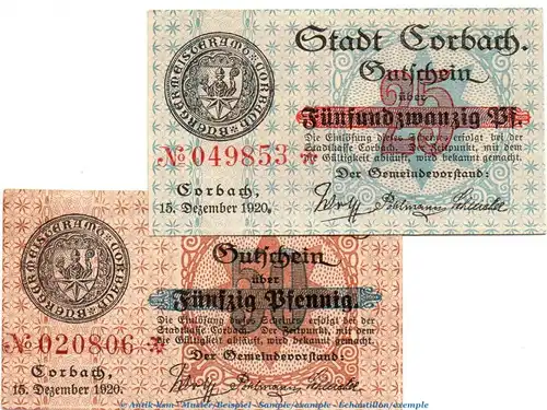 Notgeld Stadt Corbach 1200.05.10-25 , Set mit 2 Scheinen kfr. von 1920 , Hessen Verkehrsausgabe