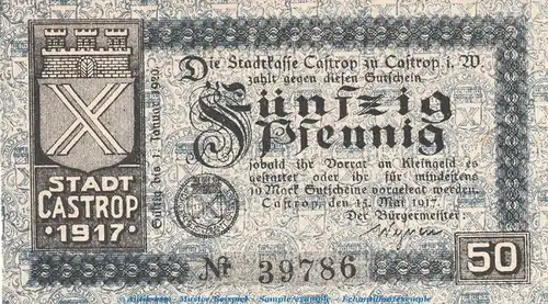 Notgeld Stadt Castrop , 50 Pfennig Schein in kfr. Tieste 1105.05.06 von 1917 , Westfalen Verkehrsausgabe