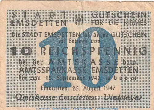 Notgeld Stadt Emsdetten , 10 Pfennig Schein in gbr. Topp 255.2 von 1947 , Westfalen Notgeld 1945-48