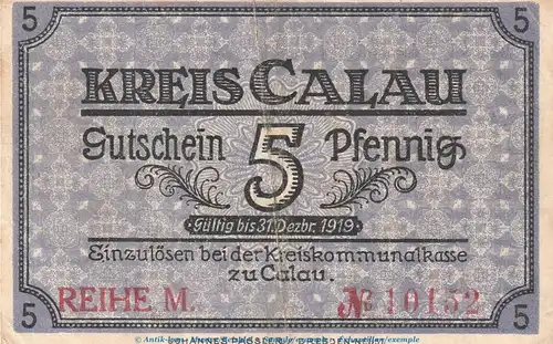 Notgeld Kreis Calau , 5 Pfennig Schein in gbr. Tieste 1060.05.01 von 1918 , Brandenburg Verkehrsausgabe