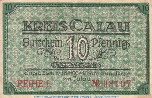 Notgeld Kreis Calau , 10 Pfennig Schein in gbr. Tieste 1060.05.02 von 1918 , Brandenburg Verkehrsausgabe