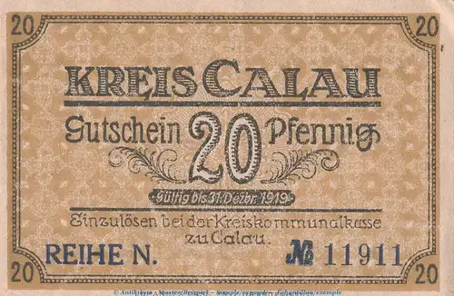 Notgeld Kreis Calau , 20 Pfennig Schein in gbr. Tieste 1060.05.12 von 1918 , Brandenburg Verkehrsausgabe