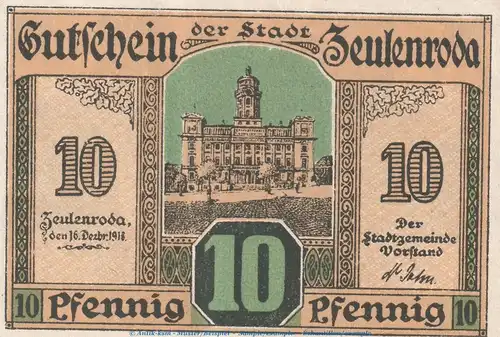 Notgeld Stadt Zeulenroda , 10 Pfennig Schein -Wz- in kfr. Tieste 8210.05.11 von 1918 , Thüringen Verkehrsausgabe
