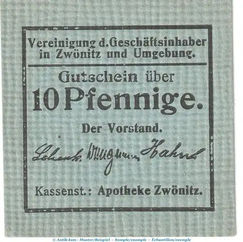 Notgeld Geschäftsinhaber Zwönitz , 10 Pfennig Schein in kfr. Tieste 8310.10.02 o.D. Sachsen Verkehrsausgabe