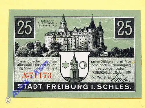 Freiburg , Notgeld 25 Pfennig Schein in kfr. Tieste 1965.05.10 , Schlesien 1919 Verkehrsausgabe