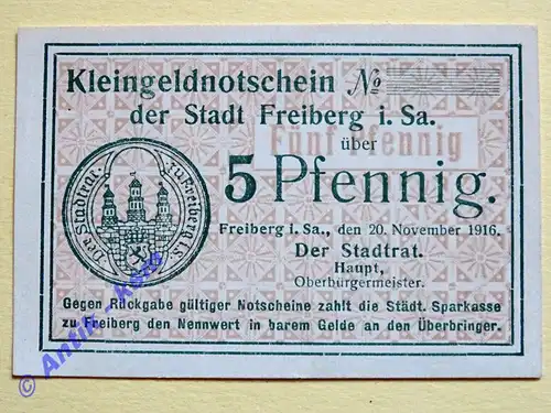 Notgeld Freiberg , i. Sachsen , Einzelschein über 5 Pfennig , Verkehrsausgabe , Tieste 1950.05.1 , von 1916