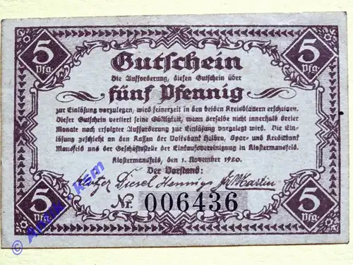 Notgeld Klostermansfeld , Provinz Sachsen , Einzelschein über 5 Pfennig , Verkehrsausgabe , Tieste 3545.01 , von 1920