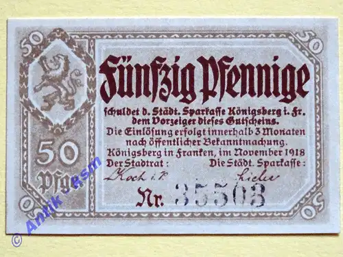 Notgeld Königsberg Franken , Sachsen Coburg , Einzelschein über 50 Pfennig , Verkehrsausgabe , Tieste 3585.10.M2 , von 1918