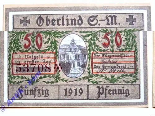 Notgeld Oberlind , Sachsen Meiningen , Einzelschein über 50 Pfennig , Verkehrsausgabe , Tieste 5265.20 , von 1919
