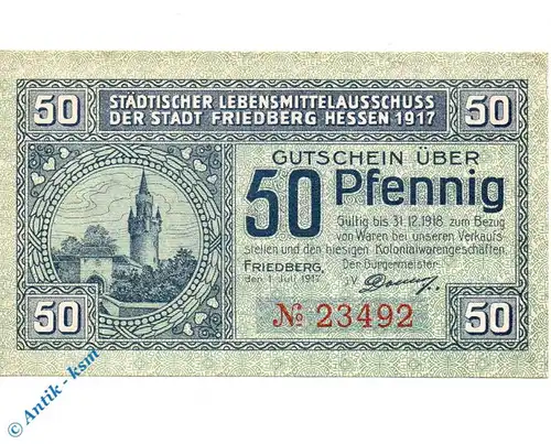 Notgeld Friedberg , 50 Pfennig Schein , Donner , Tieste 1995.10.01 , von 1917 , Hessen Verkehrsausgabe