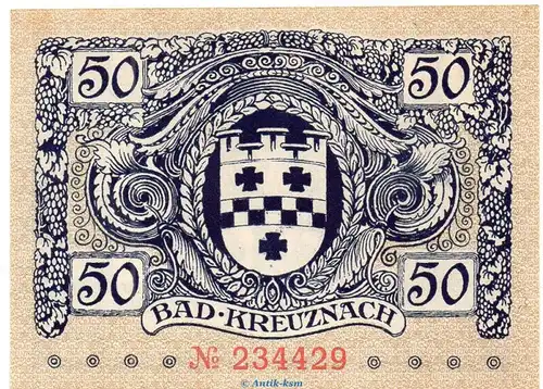 Notgeld Stadt Kreuznach , 50 Pfennig Schein in kfr. Tieste 3725.05.30 von 1917-18 , Rheinland Verkehrsausgabe