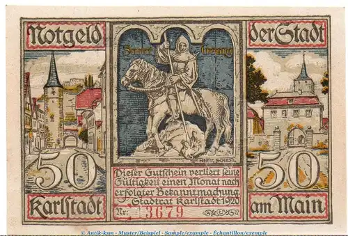 Notgeld Stadt Karlstadt 3400.05.01 , 50 Pfennig Schein in kfr. von 1920 , Bayern Verkehrsausgabe
