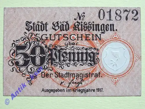 Notgeld Kissingen , Bad , Bayern , Einzelschein über 50 Pfennig , Tieste 3505.01 , von 1917 , Verkehrsausgabe