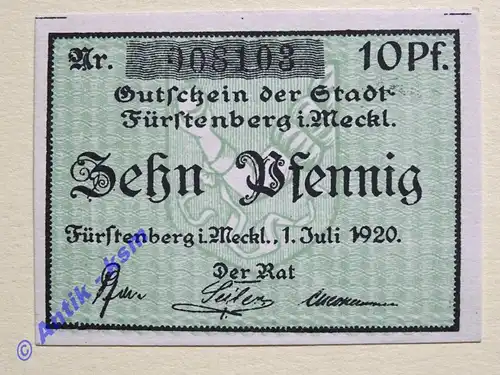 Notgeld Fürstenberg , Mecklemburg Strelitz , Einzelschein über 10 Pfennig , Tieste 2065.01 , von 1920 , Verkehrsausgabe