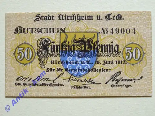 Notgeld Kirchheim , Württemberg , Einzelschein über 50 Pfennig , Tieste 3495.01 , von 1917 , Verkehrsausgabe