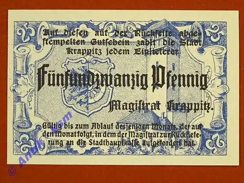 Krappitz , Notgeld 25 Pfennig Schein in kfr. Tieste 3705.05.10 , Schlesien o.D. Verkehrsausgabe