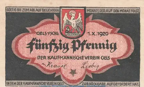 Notgeld Kfm. Verein Oels , 50 Pfennig Schein in kfr. Tieste 5320.05.10 von 1920 , Schlesien Verkehrsausgabe
