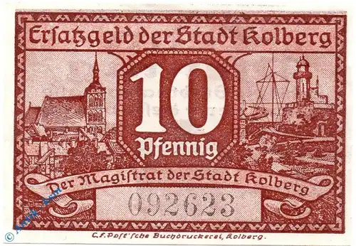 Notgeld Kolberg , 10 Pfennig Schein , Tieste 3650.05.05 , von 1917 , Pommern Verkehrsausgabe