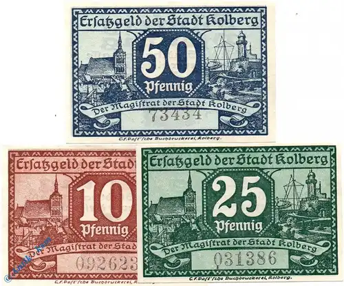 Notgeld Kolberg , Set mit 3 Scheinen , Tieste 3650.05.05 bis 07 , von 1917 , Pommern Verkehrsausgabe