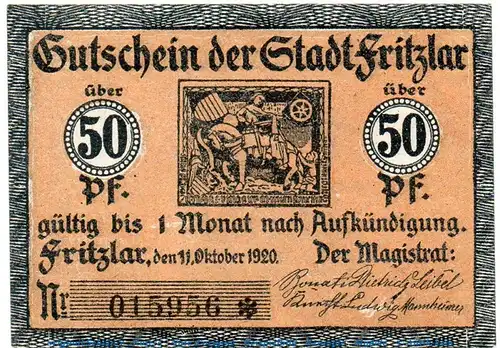Notgeld Stadt Fritzlar 2050.05.02 , 50 Pfennig Schein in kfr. von 1920 , Hessen Verkehrsausgabe