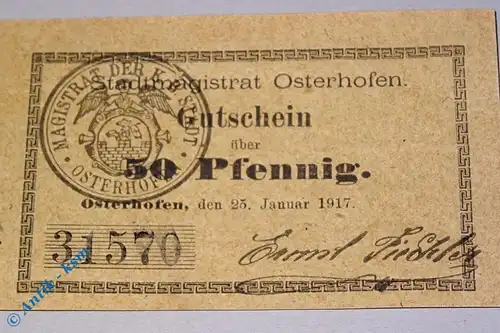 Notgeld Osterhofen , 50 Pfennig Schein Mäanderrahmen , Tieste 5445.05.035 , von 1917 , Bayern Verkehrsausgabe