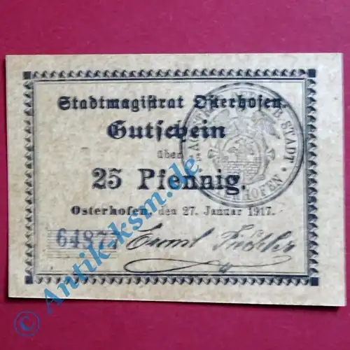 Notgeld Osterhofen , Einzelschein üaber 25 Pfennig , Tieste 5445.180 , von 1917 , Bayern Verkehrsausgabe