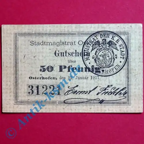Notgeld Osterhofen , Einzelschein üaber 50 Pfennig , Tieste 5445.170 , von 1917 , Bayern Verkehrsausgabe