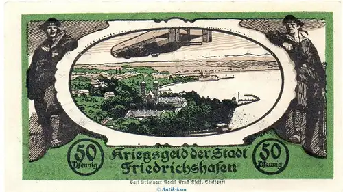 Notgeld Stadt Friedrichshafen 2040.15.05 , 50 Pfennig Schein in kfr. o.D. , Württemberg Verkehrsausgabe