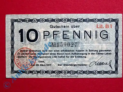 Notgeld Köln , Cöln , Einzelschein über 10 Pfennig , Tieste 3565.01 , von 1917 , Rheinland Verkehrsausgabe