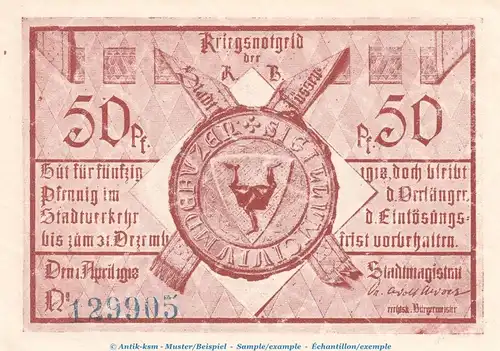 Notgeld Stadt Füssen , 50 Pfennig Schein in kfr. Tieste 2085.05.40 von 1918 , Bayern Verkehrsausgabe