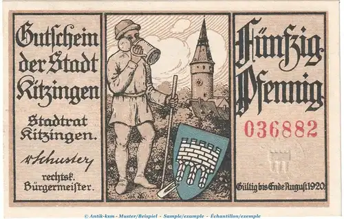 Notgeld Stadt Kitzingen , 50 Pfennig Schein in kfr. Tieste 3510.05.60 o.D. Bayern Verkehrsausgabe