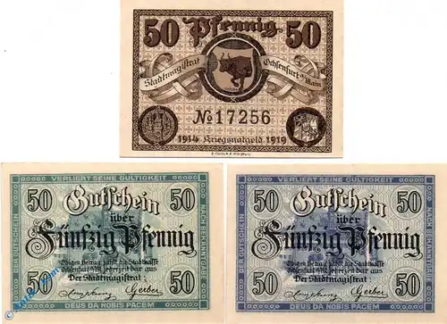 Notgeld Ochsenfurt , Set mit 3 Scheinen , Tieste 5305.05.10 bis 20 , von 1919 , Bayern Verkehrsausgabe