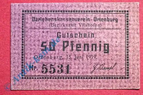 Notgeld Ortenburg Vilshofen , Schein über 50 Pfennig , Tieste 5420.58 , von 1919 , Bayern Verkehrsausgabe