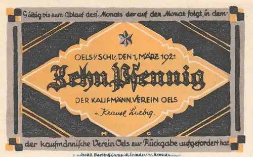 Notgeld Kfm. Verein Oels , 10 Pfennig Schein in kfr. Tieste 5320.05.15 von 1921 , Schlesien Verkehrsausgabe
