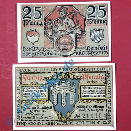 Kitzingen , Notgeld Set mit 2 Scheinen in kfr. Tieste 3510.05.95-96 , Bayern 1921 Verkehrsausgabe