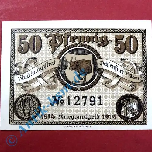Notgeld Ochsenfurt , Schein über 50 Pfennig braun , Tieste 5305.10 , von 1919 , Bayern Verkehrsausgabe